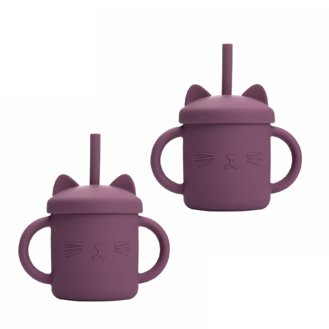 2PCS Baby Feeding Cups Silicone Drinkware Cute Cartoon Cat Sippy Cup For Toddlers Kids Sippy Cup Lids Solid With Handle Drinker: 2PcsDaek purple