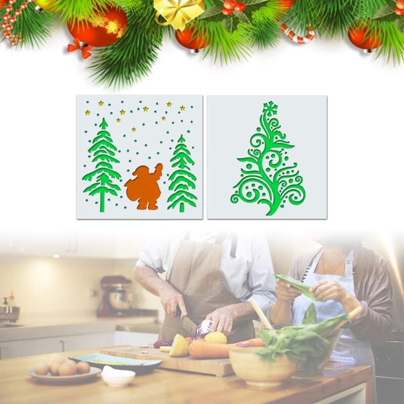 2 Pcs Christmas Stencils Embossing Tree Template Painting Scrapbooking Reusable Home Decor Album Paper Card DIY for Kids