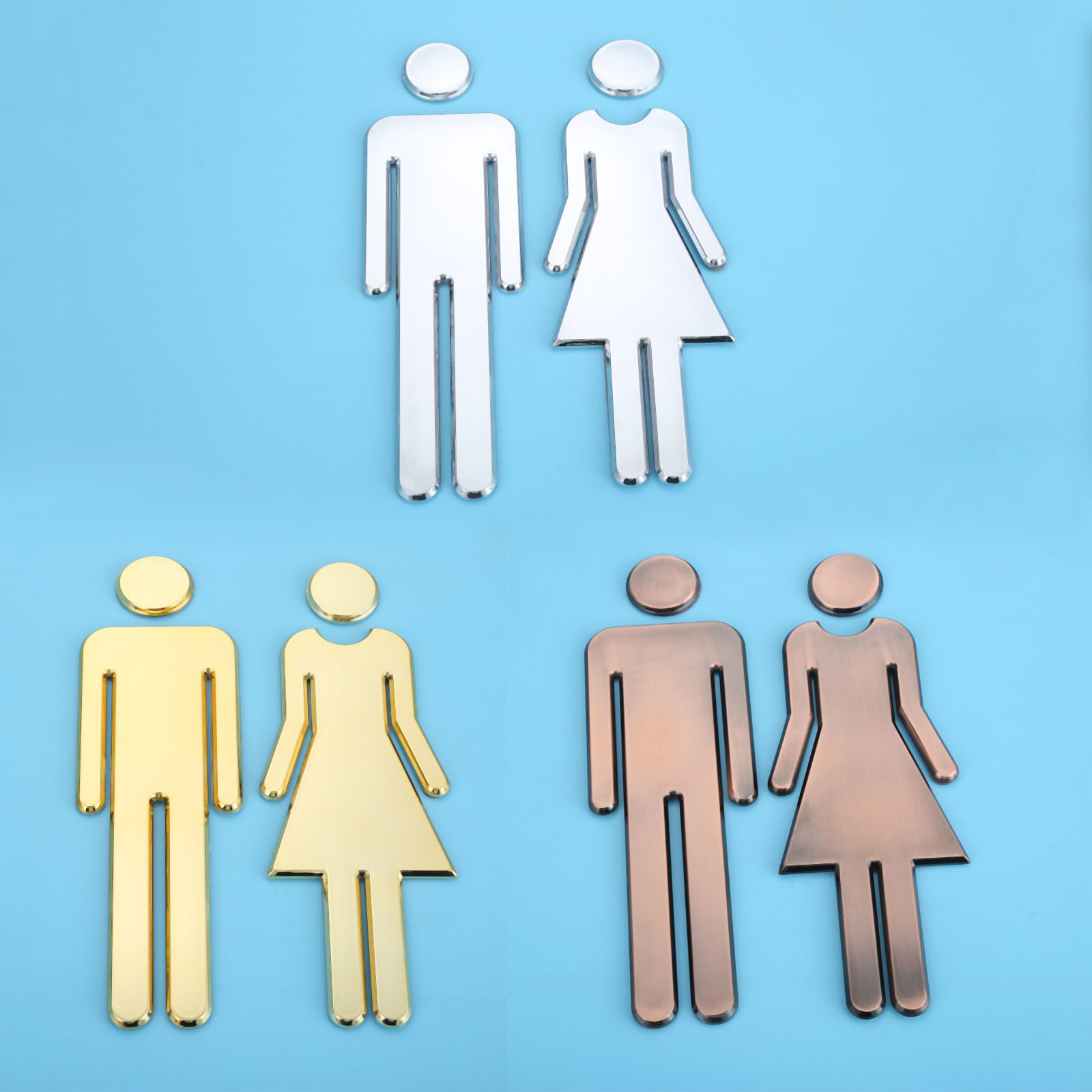 1Pair 3D Adhesive Backed Public Toilet Symbol Restroom Sign Men Women Wall Art Stickers for Hotel School 20cm Bronze/gold/silver
