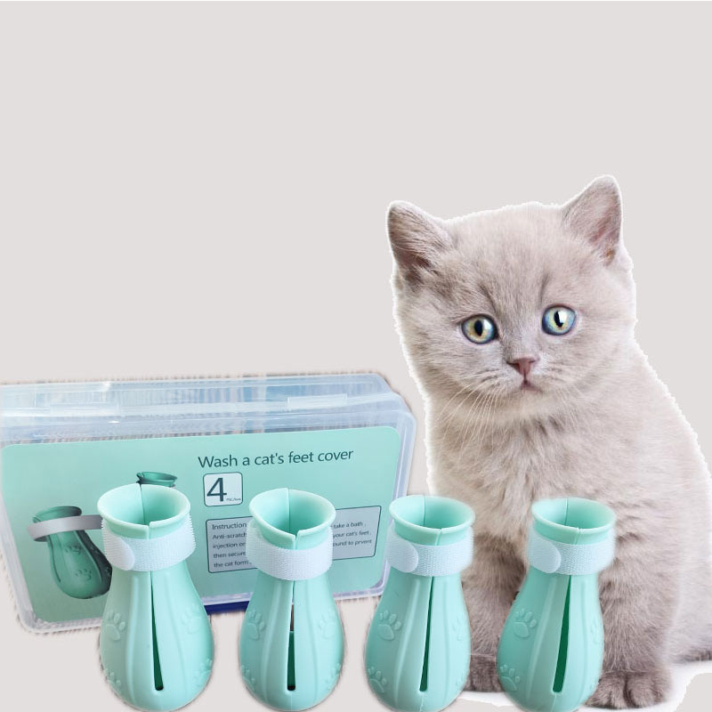 Kat Grooming Supplies Anti-Kras Schoenen Voor Katten Verstelbare Pet Kat Laarzen Bad Kat Claw Paw Cover Katten 4pcs Voet Cover: Licht Groen