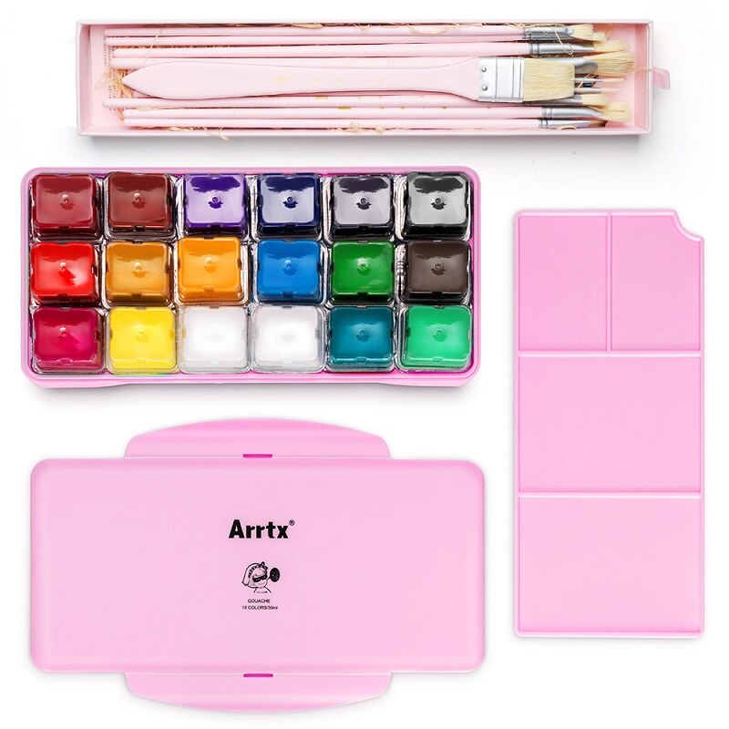 Arrtx 18 Colors Gouache Paints Set 30ml Unique Jelly Cup Gouache Paint For Students Artists Beginner+Brushes: Pink