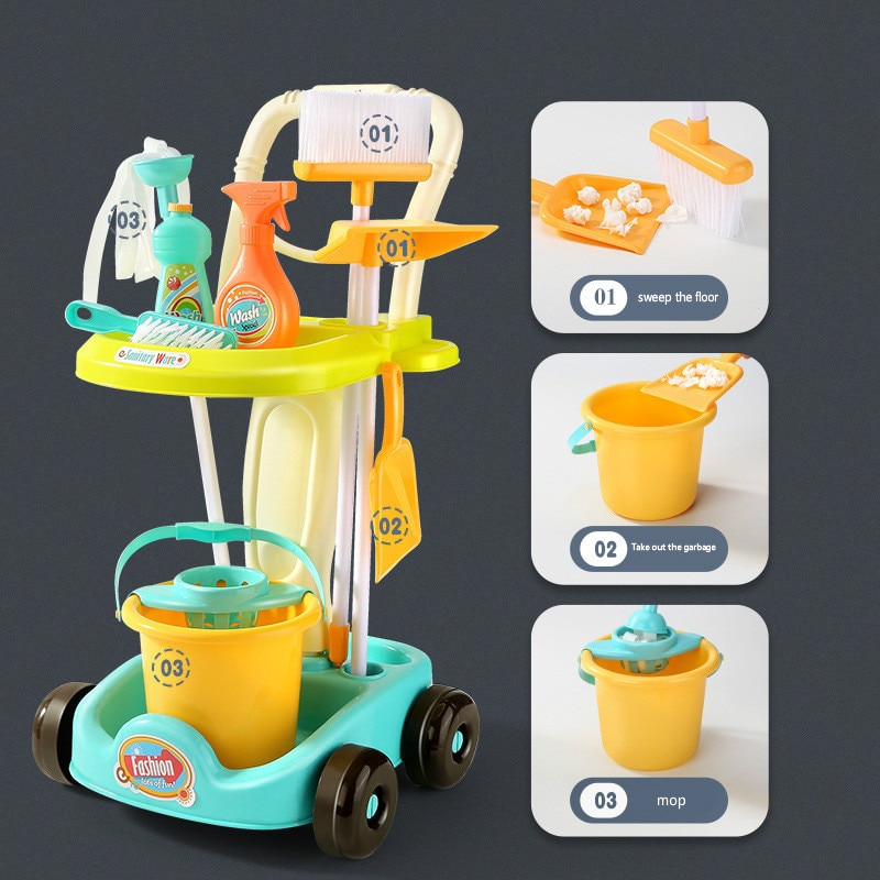 Product Children&#39;s Simulation Sweeping Toy Cleaning Kit Tool Trolley Simulation Play House Cleaning Toy Boy Girl Toy