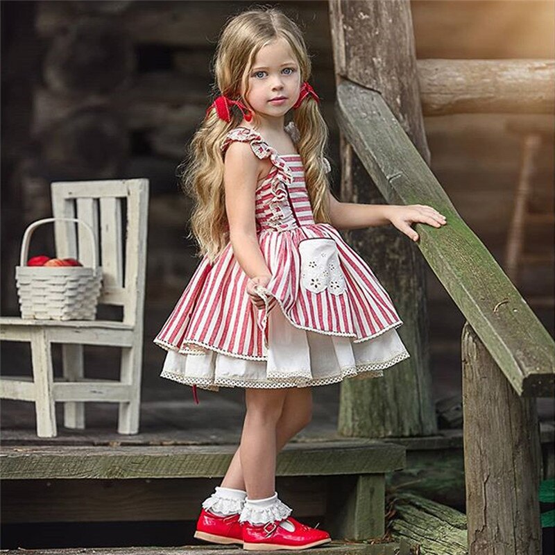 Fairy Kids Girls Clothes Dress Strap Ruffle Sleeveless Strip Dress Lolita Style Sunmmer Sundress Clothes Children Clothing 2-7Y