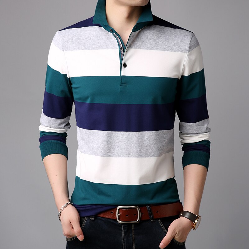 Mærker polo shirt herre stribet lange ærmer slim fit merceriseret bomuld poloshirt afslappet herre tøj