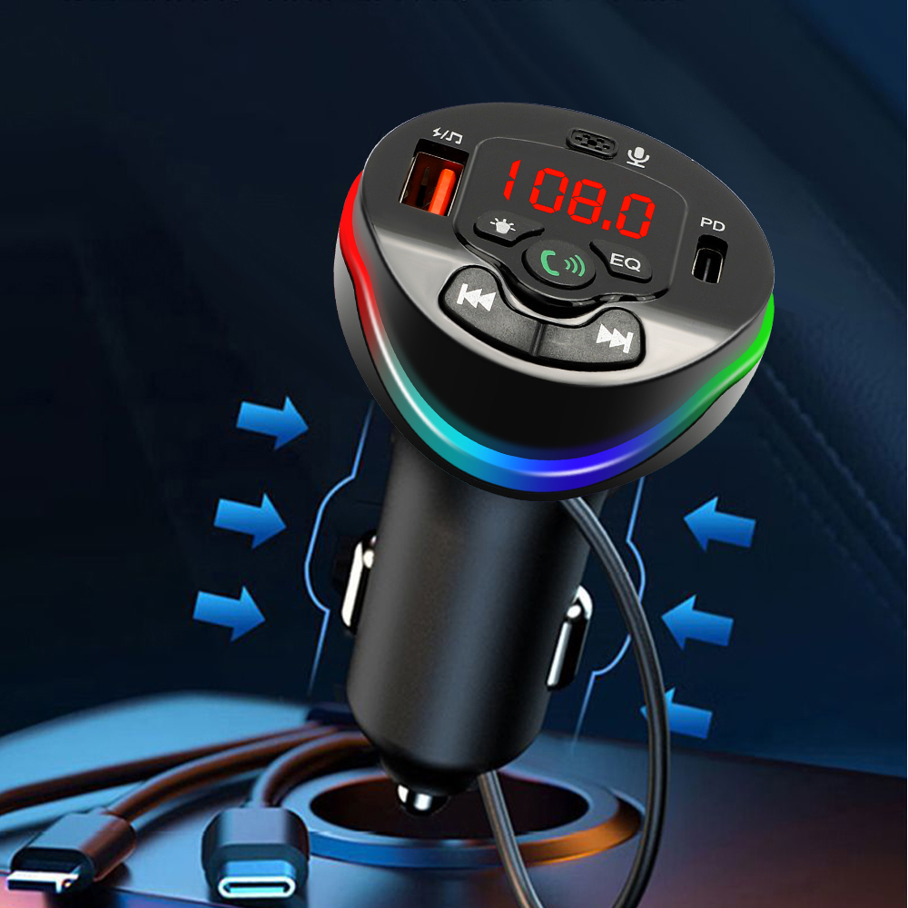 Modulador de transmisor FM para coche, Bluetooth 5,0, llamada manos libres, reproductor MP3, USB PD, cargador rápido de 66W con Cable 3 en 1 para IPhone y Huawei