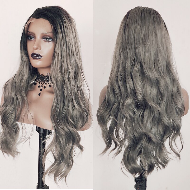Grey Synthetic lace front wig black root to dark gray long straight wave wigs for women ombre colored Heat Resistant Wig 24 inch