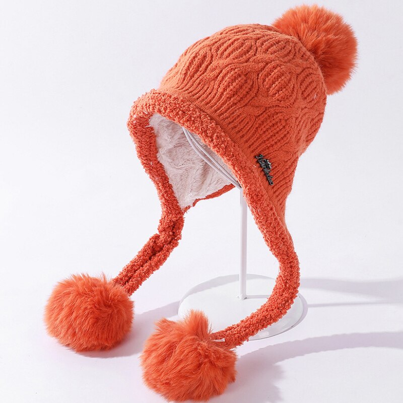 Bonnet épais et en polaire pour femme, bonnet tricoté, avec trois pompons, pour le Ski, idéal pour l'hiver, HT3797
