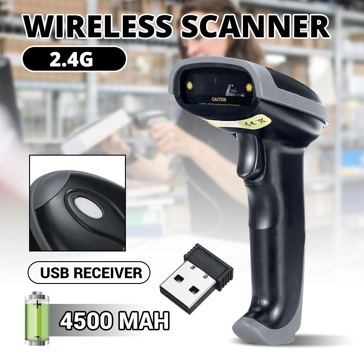 DC5V 2 in 1 2.4G Wireless Wired Barcode Scanner Handheld Scanning Bar Code Reader 80-150Meters Wireless Transfer Distance