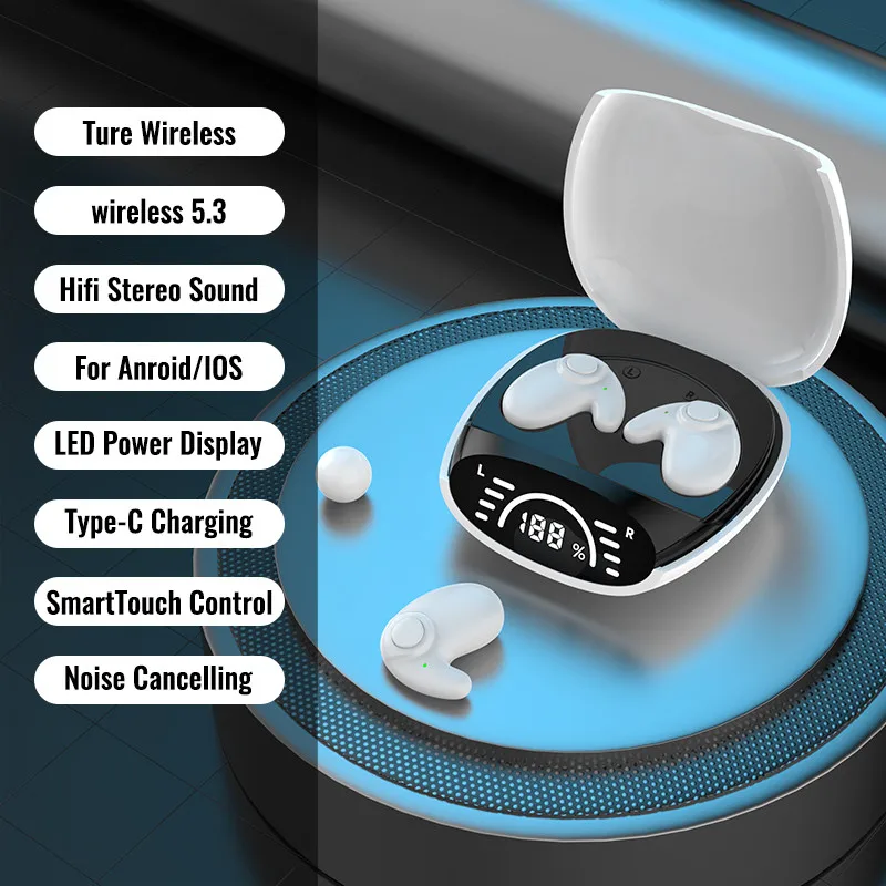 Słuchawki do spania Bluetooth 5.3 Bezprzewodowe niewidoczne słuchawki douszne TWS HD Call Stereo Redukcja szumów Bardzo długi czas czuwania dla wszystkich telefonów: Niebieski
