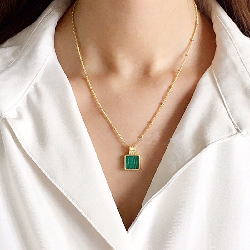 HangZhi 2020 nuovo Vintage ▾ piazza Verde malachite Borsette Del Pendente Geometrico Breve Clavicola Collana per Le Donne Del Partito Dei Monili Caldi