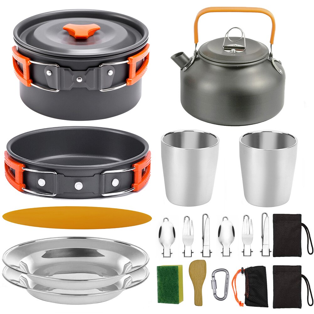 1 Set Outdoor Pots Pans Camping Barbecue Cookware Picnic Portable Lightweight Gear for Traveling Trekking Green set 20PCS: Orange