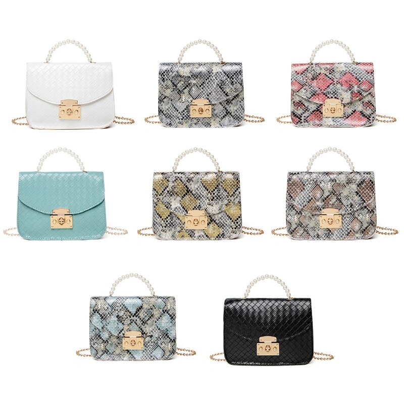 Pu-leder-schultertaschen für damen, schlangenleder-mini-geldbörse, retro-quadrattasche, ketten-umhängetasche, handtaschen mit perlengriff