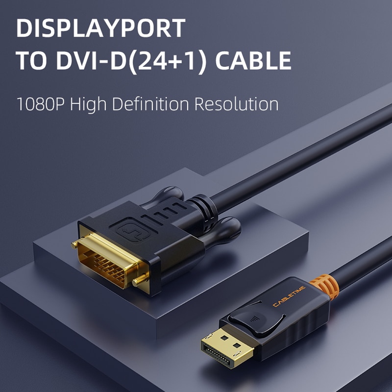 Cabletime-Puerto de visualización a Cable DVI macho a macho, adaptador de conexión DisplayPort DP a DVI, 1080P, 3D, para HDTV, PC, proyector N080