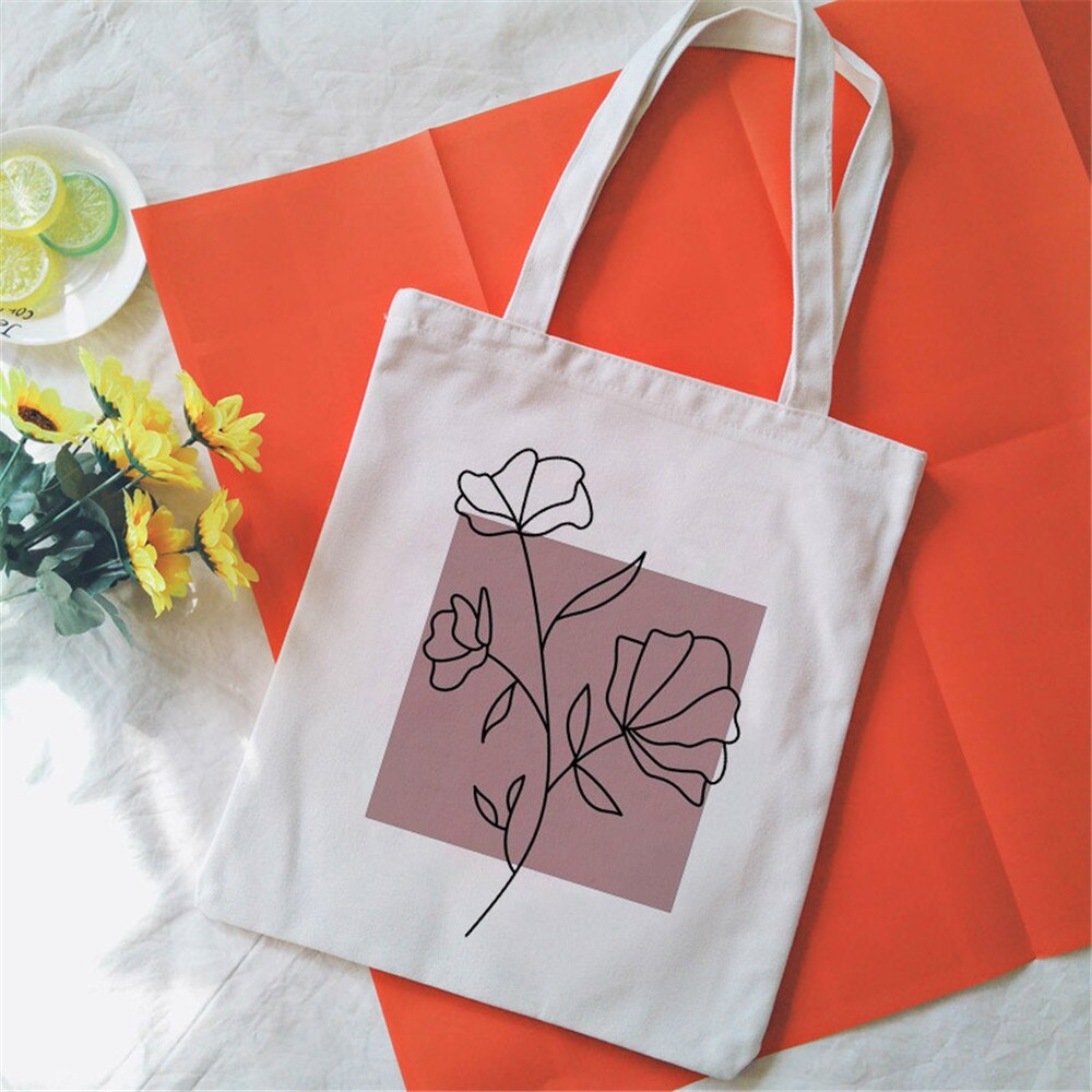 Bouquet Printing Canvas Tote Bag Aesthetic Line Drawing Plant Print Canvas Bags Harajuku Ulzzang Shoulder Bag Handbag: 2336