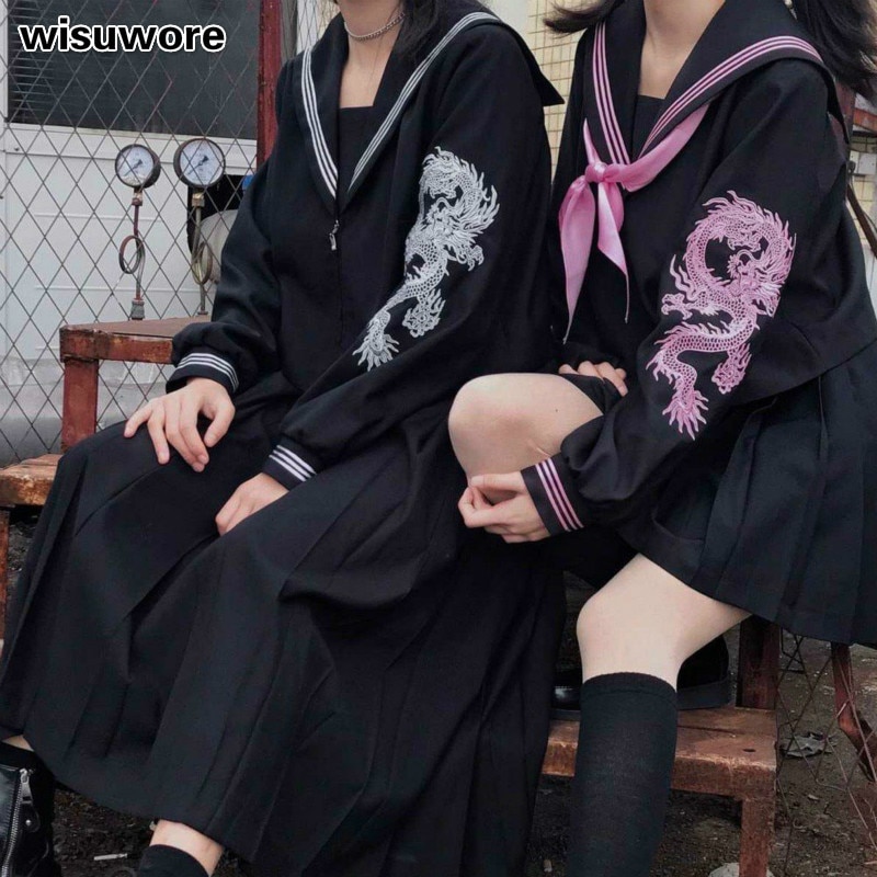Jk Uniform School Girl Silver Dragon The Embroidery Uniform Gothic Styl Women Student Full Sets Clothes
