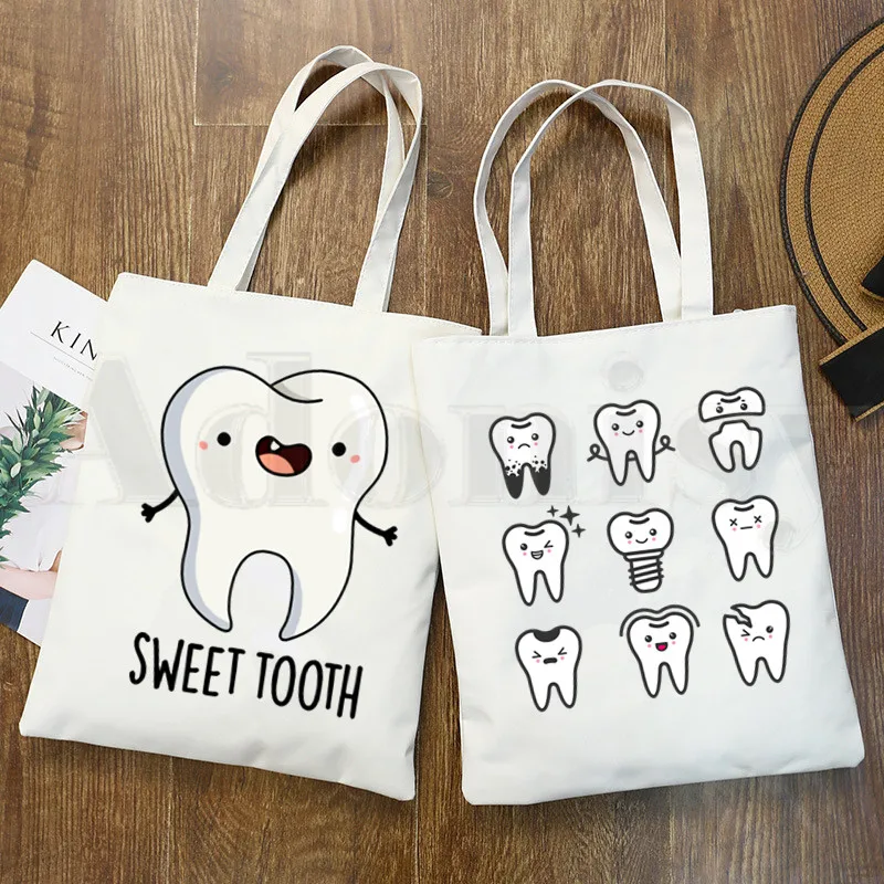Tooth and Dentist Graphic Aesthetic Funny Handbags Shoulder Bags Casual Shopping Girls Handbag Women Canvas Bag