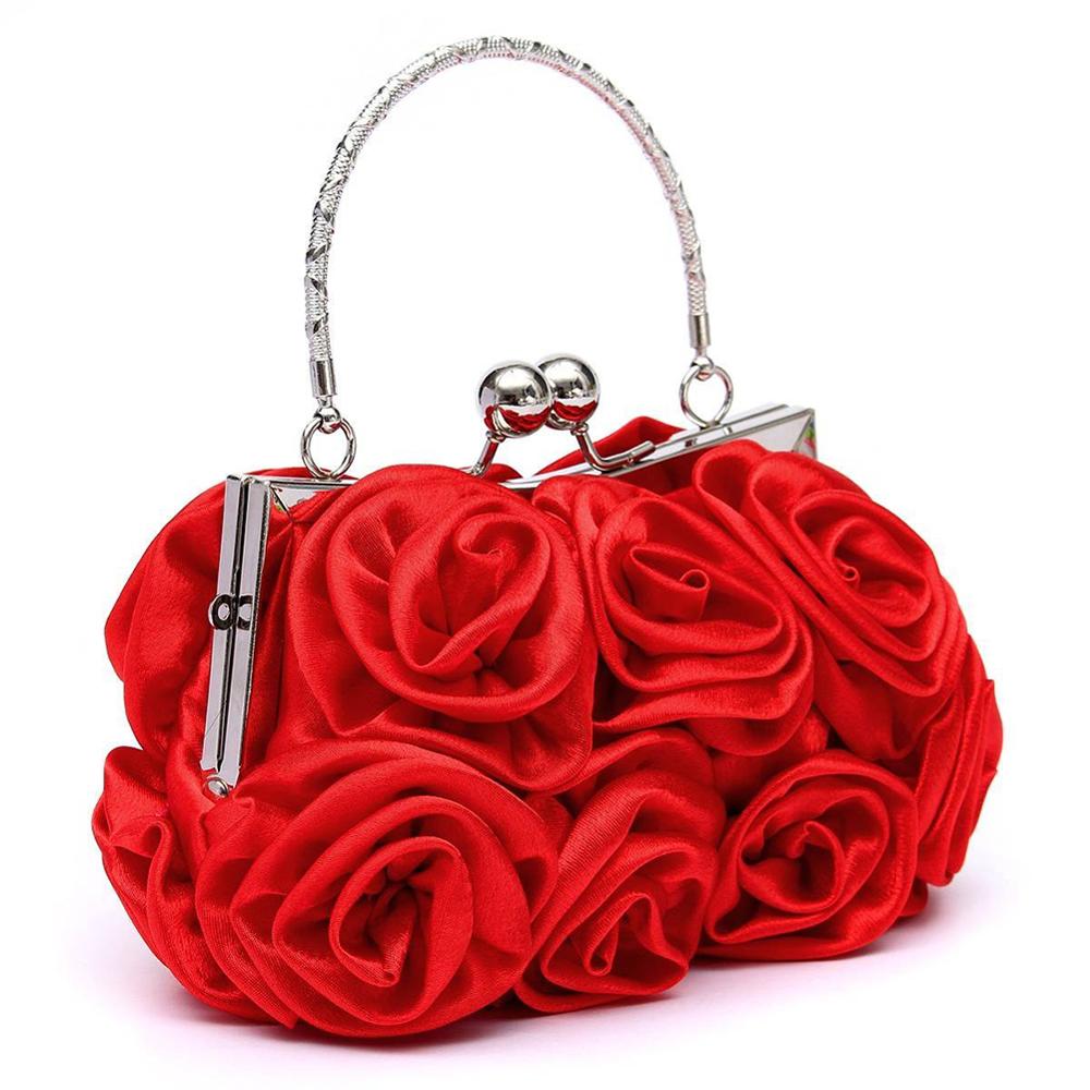 Women Satin Rose Pure Color Handbag Evening Bags Wedding Handbags luxury Handbags Women Bags Flower bolsa clutch Bag: Red