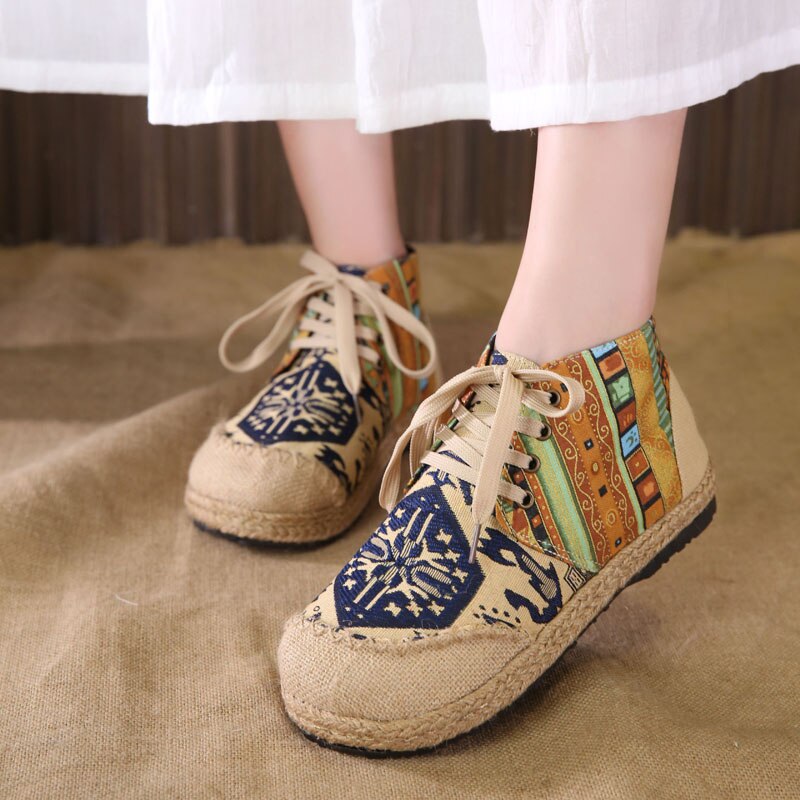 Vrouwen Schoenen Boho Katoen Linnen Canvas Enkele Nationale Geweven Ronde Neus Lace Up Doek Schoenen Vrouw Flats Maat 35-40