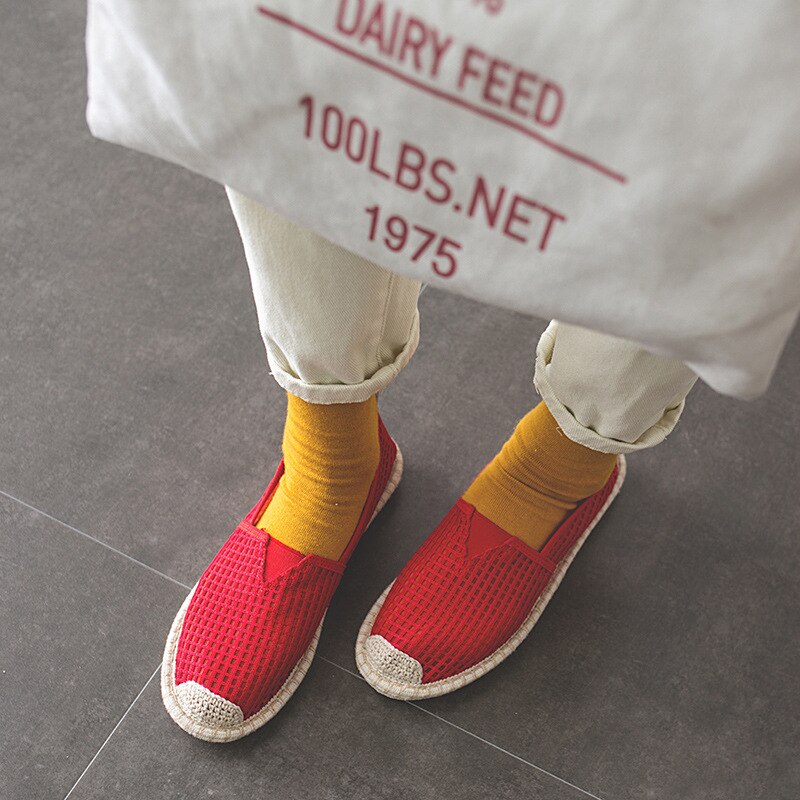 Summer Mesh Women Flat Shoes Slip On Loafers Linen Breathable Stripe Ballerina Shoes Casual White Espadrilles Zapatillas Mujer