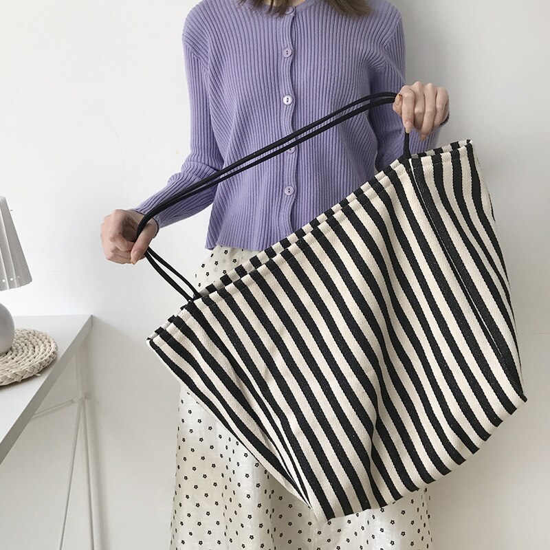 lässig gestreiften große kapazität totes frauen handtaschen leinwand damen schulter umhängetasche weiblichen groß einkaufen geldbörsen 2002: Schwarz A