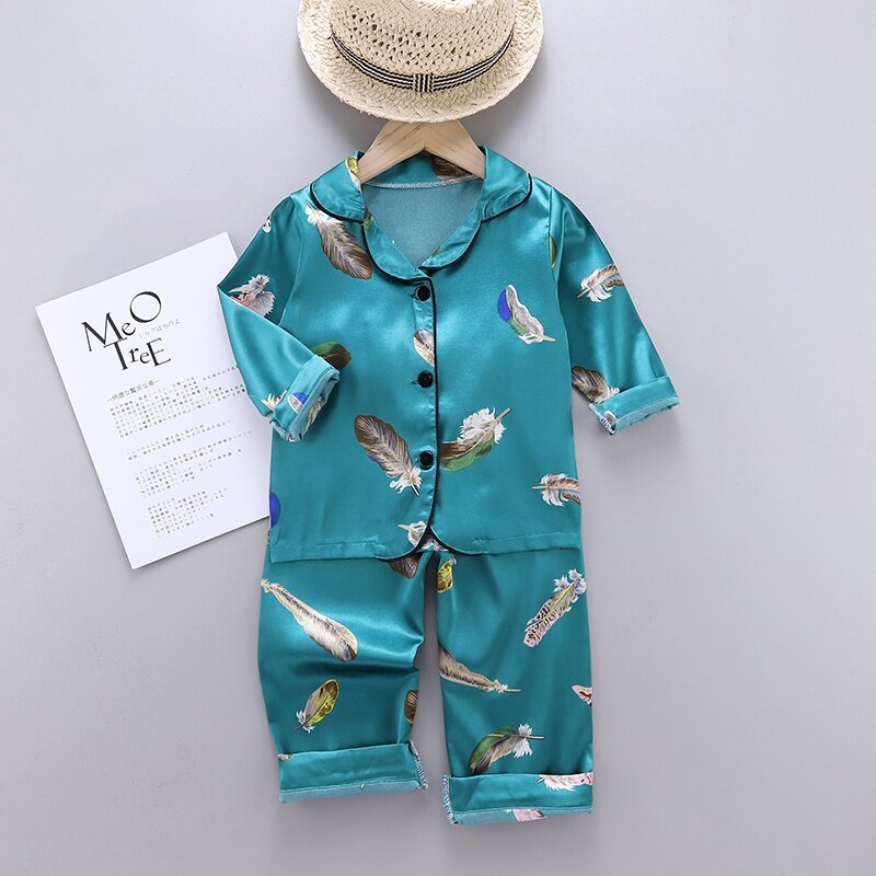 Lente En Herfst Baby Kids Meisjes Jongens Feather Print Nachtkleding Set Lange Mouw Blouse Tops Slaap Broek: Blue / M