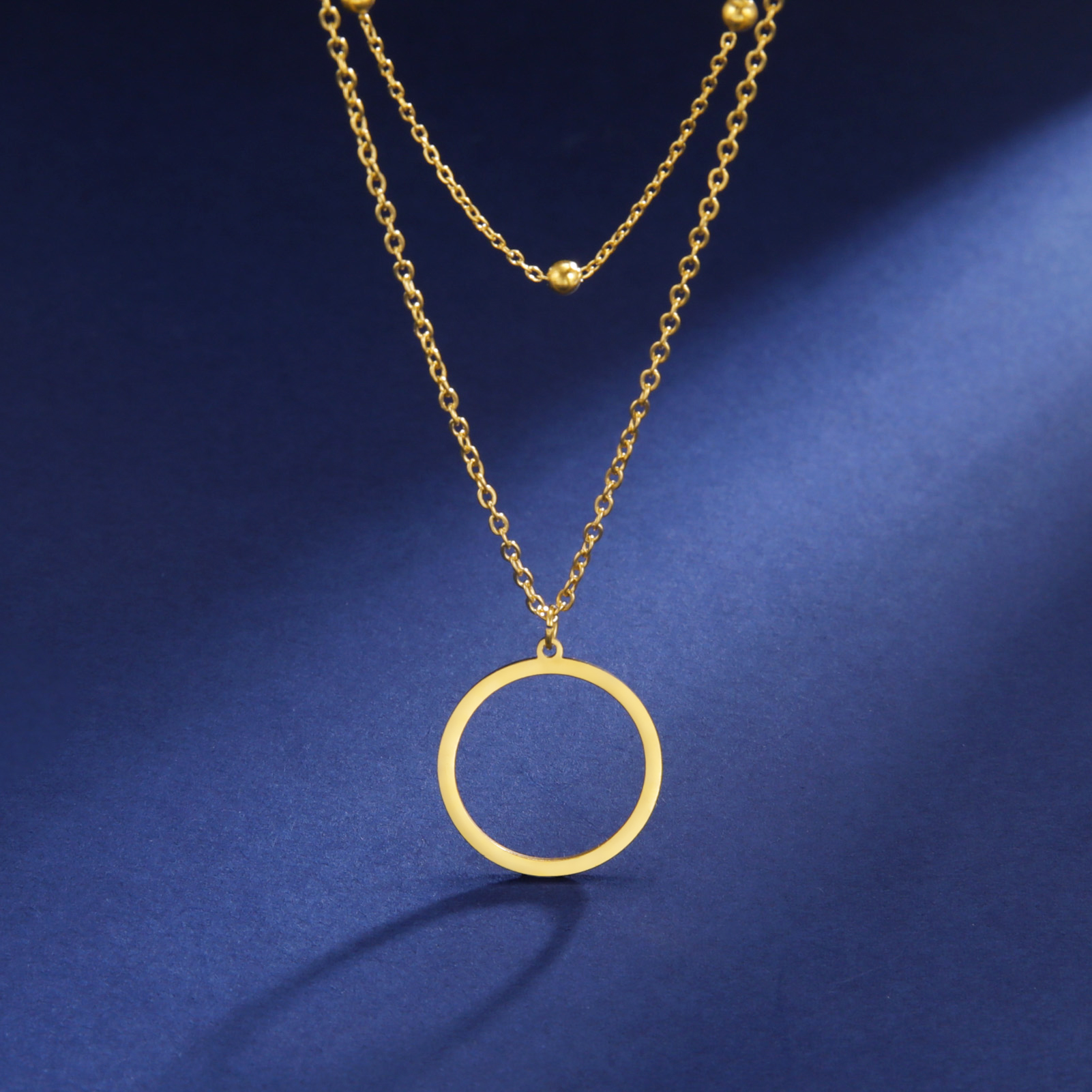 Teamer-Cadena de doble cuenta para mujer, collar con colgante de círculo hueco, Color dorado, collares simples populares de acero inoxidable, joyería