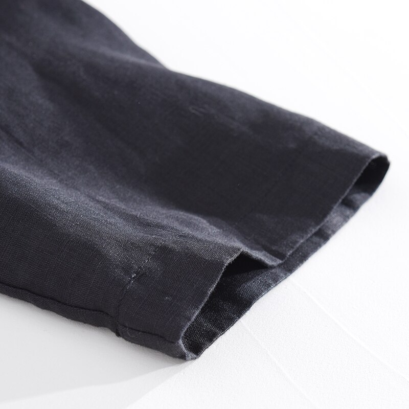 Retro contraste cor costura manga curta 100% puro linho camisa masculina casual arte magro ajuste preto roupas y2621