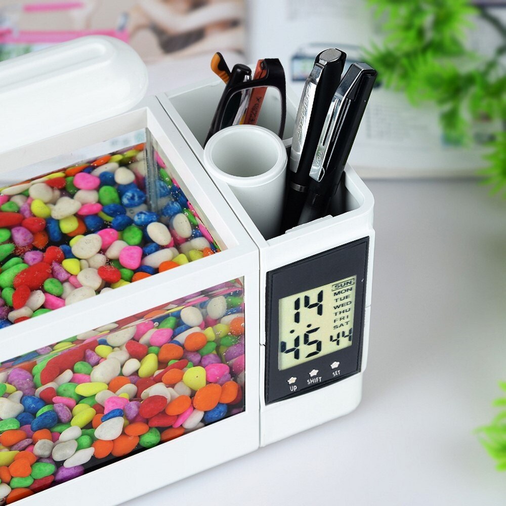 Mini Betta Fish Tanks Aquarium LED Lighting Fish Tank with Pen Holder LCD Display Screen and Clock Mini Aquarium Pecera
