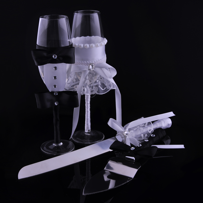 Couteau de service pour gâteau de mariage, ensemble de 4 pièces, manche de nœud de ruban, flûtes à Champagne décorées en diamant, coupe-gâteau, pelle, de fête