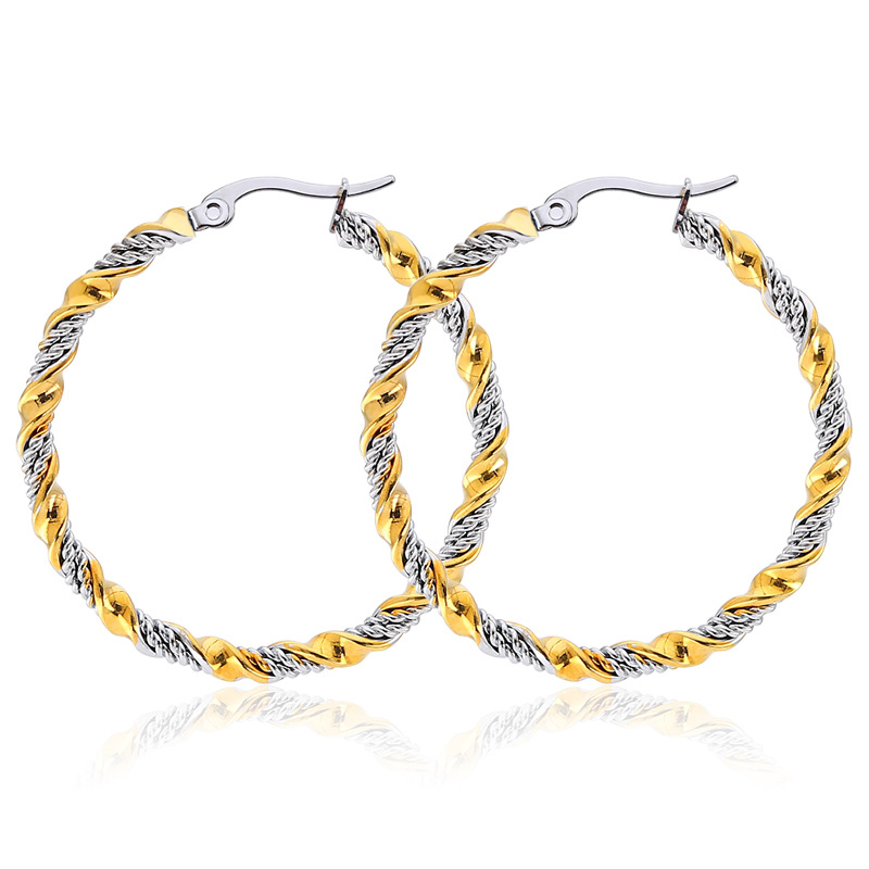 Dobbeltfarvede øreringe i rustfrit stål til kvinder, vævet twist, titanium stål hoop øreringe, overdrive, trendy smykker, tilbehør: Sort / Guldfarve
