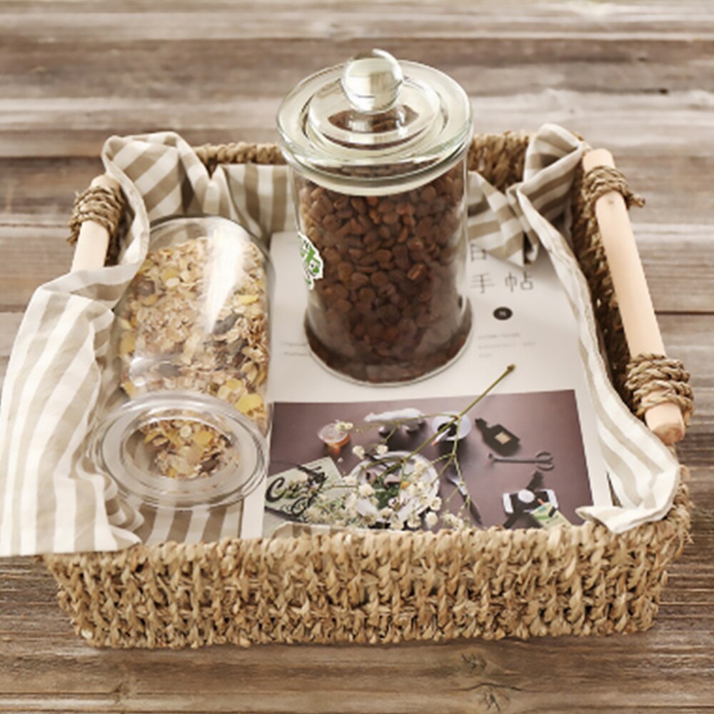 Straw Basket Wooden Handle Table Simple Storage Basket for Sundries Cosmetics Key (Small Size 21x21x5cm)