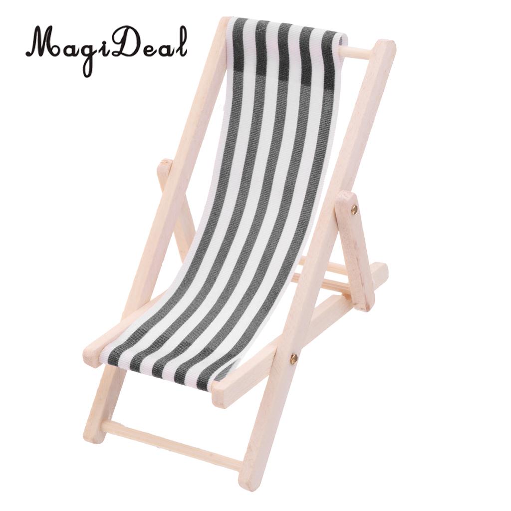 Striped Wooden Beach Garden Lounge Chair Deckchair for 1/12 Dollhouse Miniature Furniture Acc Children Toys: Black Stripe