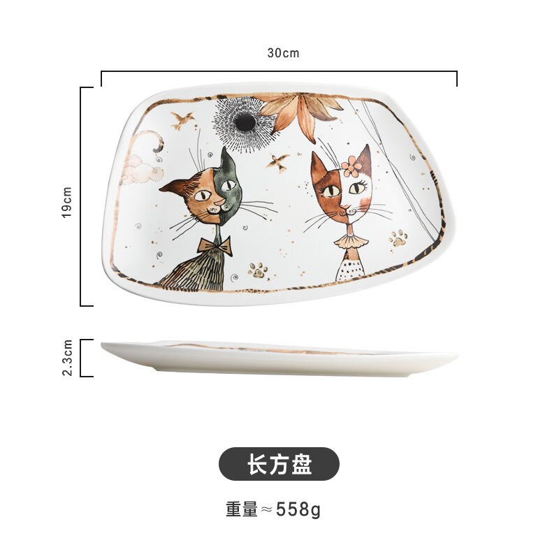 Tazones de cerámica con dibujos de gatos, vajilla y platos para el hogar, sopa, fideos, fruta, carne, porcelana, plato especial, juego de vajilla: Rectangular plate