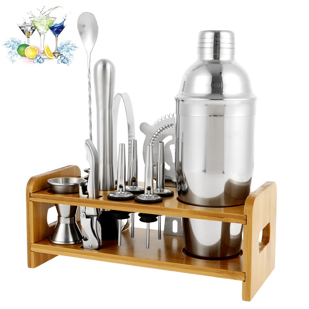 Ensemble de 12 shakers à Cocktail de 750ml, cuillère à mélanger avec Jigger, pince, outils de bar avec support de rangement en bois, barres pour boissons mélangées: Default Title