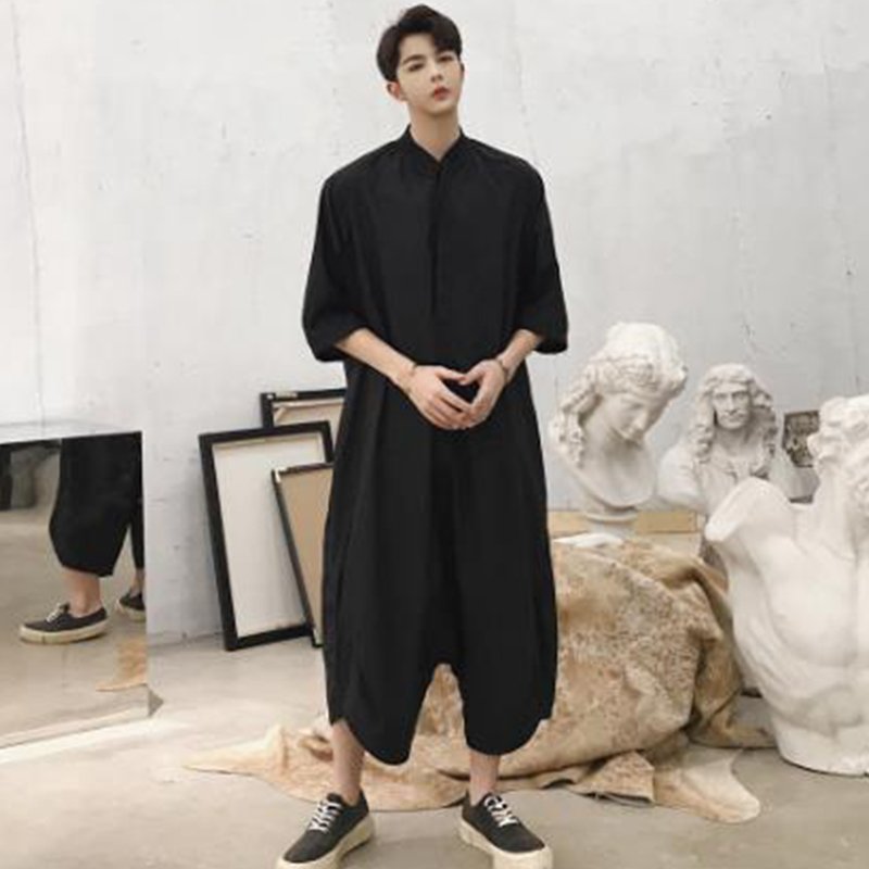 Mannen Korte Mouw Dunne Casual Shirt Jumpsuit Mannelijke Losse Een Stuk Harembroek Overalls Tooling Jumpsuit Hiphop Mode Broek