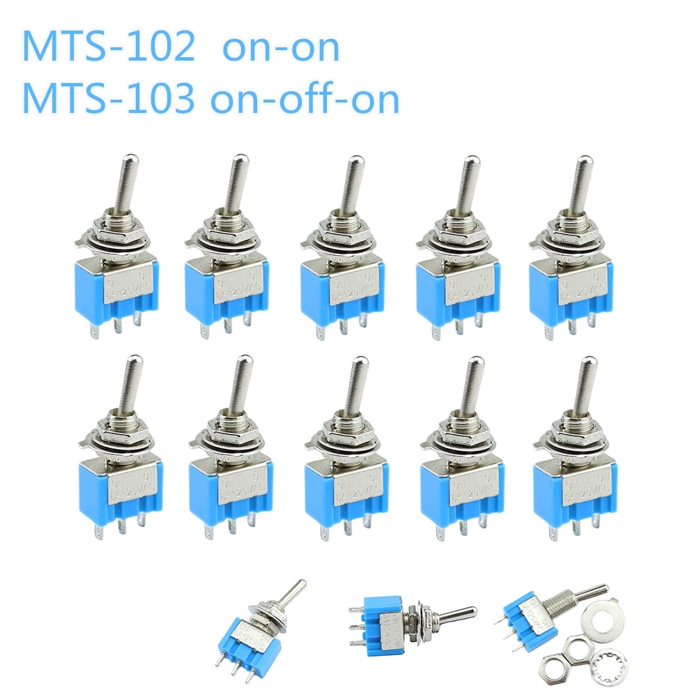 10 Stk/partij Blauw Mini MTS-102 3-Pin Spdt On-On 6A 125VAC Miniatuur Tuimelschakelaars MTS-103 3-pin On-Off-On