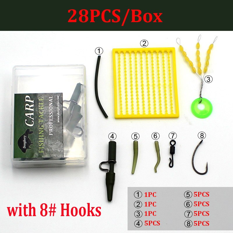  28PCS Carp Fishing Accessories Tackle Box Telflon Hook Combo Anti Tangle Sleeve QC Swivel line aligner Rig Ring for Carp Rig: with Hooks Size 8
