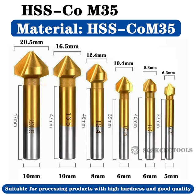 HSS Chamfer Chamfering Cutter End Mill Tool Countersink Drill Bit Set To Wood Stell Chamfer Cutter Power Tool 3 Flute 90 degree: M35  6pcs coat