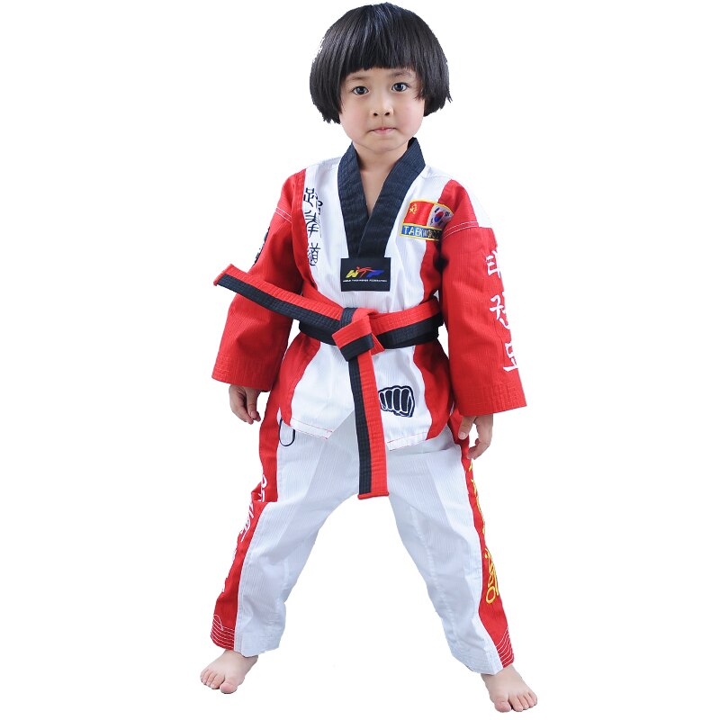 Top Grade colourful Taekwondo uniform Red Black WTF tae kwon do clothes Red karate dobok Chromatic TKD V-neck suit for kids