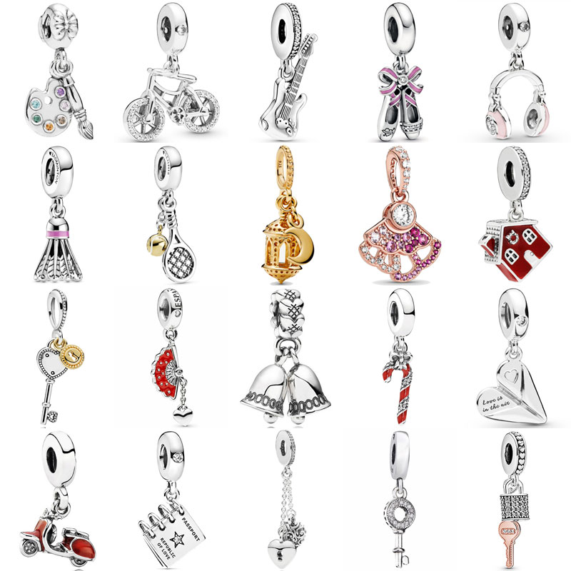 Moda brilhante bicicleta artistas paleta fones de ouvido sinos pingente contas 925 prata esterlina encantos caber pulseira jóias diy