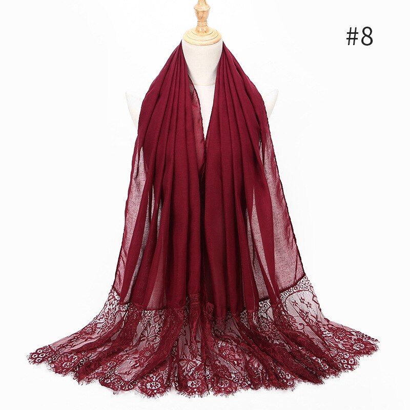 Two Sides Floral Lace Hijabs Viscose Head Scarves Muslim Womens Plain Maxi Muffler Cotton Arab Shawl Tudung Turban 1PC: 8 jujube red