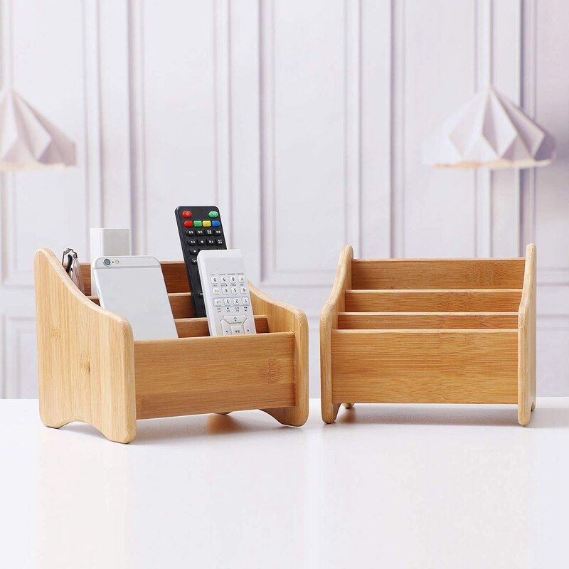 Wood Desk Organizer Bamboo Remote Control Holder Caddy Storage Container with 3 Compartments for Pen Pencil Phone Eyeglasses Off