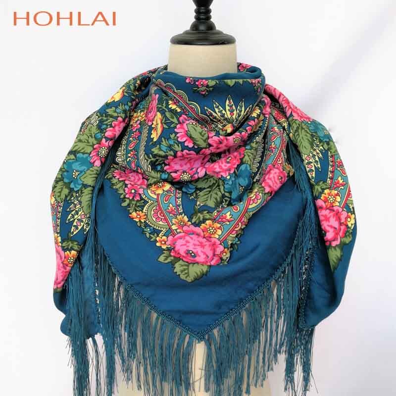 Vrouwen hart bedrukte kwast sjaals, russische grote maten bandana, warme poncho, stola sjaal: Blauw