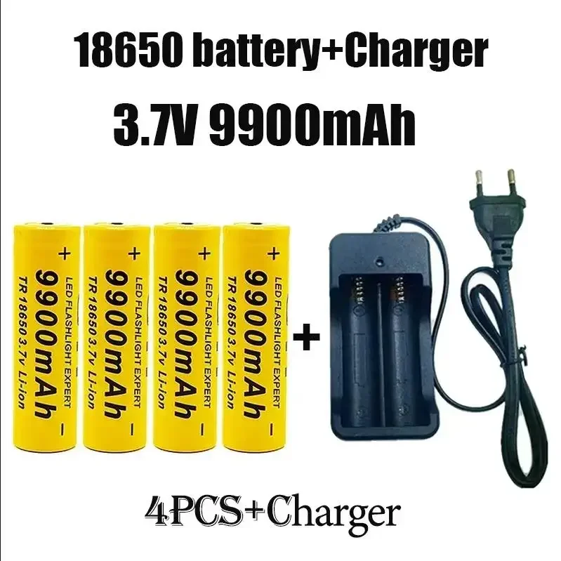 100% Original 3.7V 18650 Battery 9900mAh Lithium Rechargeable Battery flashlight Toys fans battery+charger: black