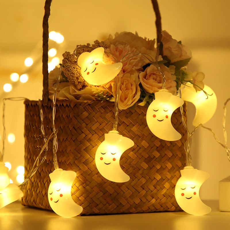 1.5m x 10 led lachende maan lichtslingers kerstfeeën slingers voor buiten op batterijen voor kerstfeest en tuindecoratie
