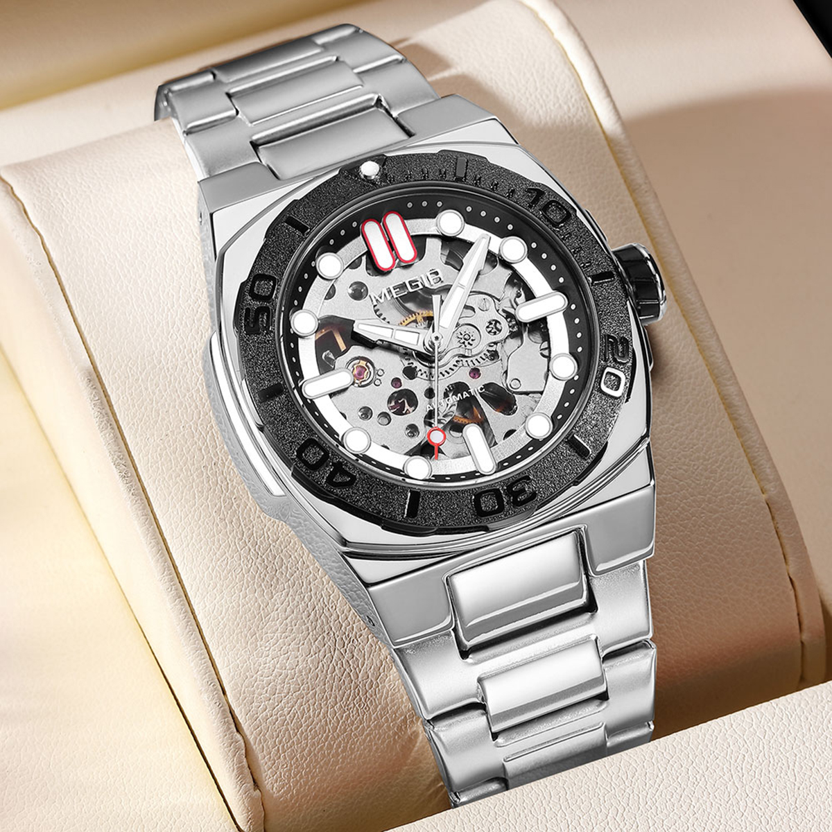 MEGIR Heren Automatisch Mechanisch Horloge - Skeleton Wijzerplaat, Roestvrij Staal Band, 3Bar Waterdicht