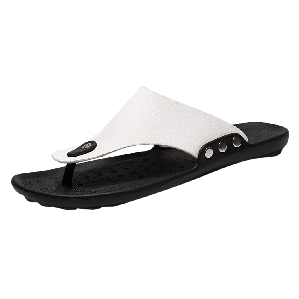 Herrtofflor solid läder flip flops herr bekväma t-rem sandaler med öppen tå sommar rom flip flop chinelo masculino beach: Vit / 42