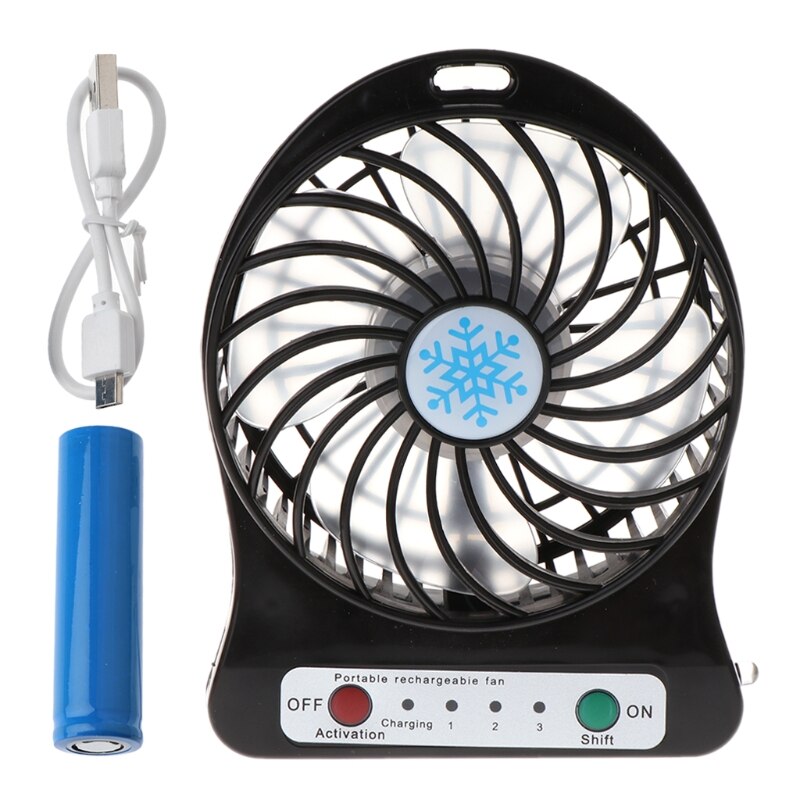 Bærbar udendørs led lys ventilator luftkøler mini desk usb-ventilator med 18650 batteri: Sort