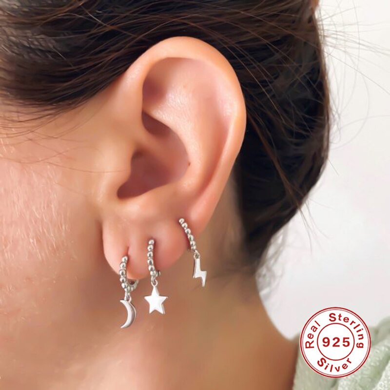 ROXI Vintage Round Beads Glossy Moon Star Lightning Hoop Earrings for Women Girls Jewelry Cartilage Earrings 925 Sterling Silver