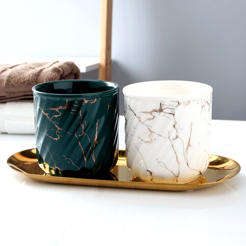 Ceramics 270ml Brushing Cup Simple Style Mouthwash Cup Marble Thread Lotion Bottle Separate Press-type Empty Bottle Couple Suit: J